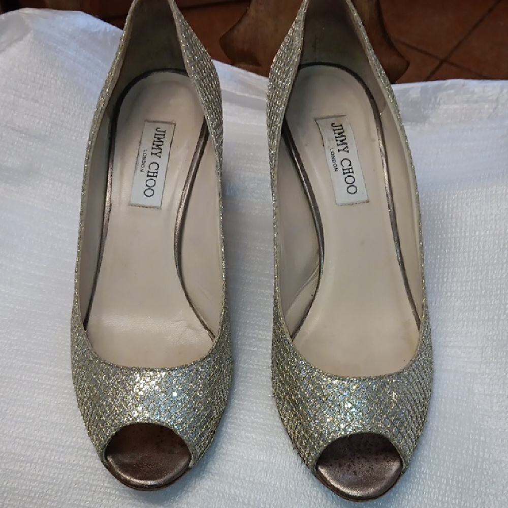 Jimmy Choo Glittering SILVER Peep-Toe Heels SIZE 10